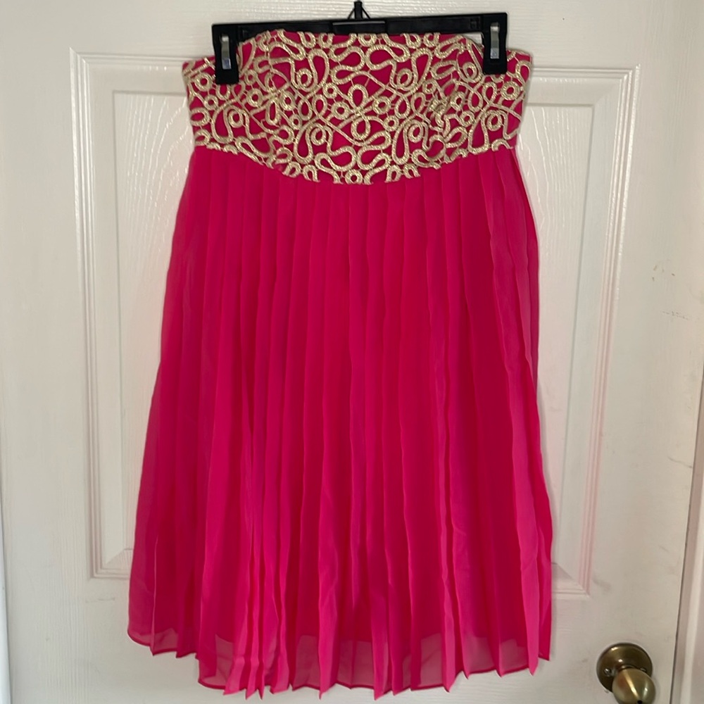 Lilly Pulitzer Hot Pink Pleated Mini Dress with Gold Embellished Waist